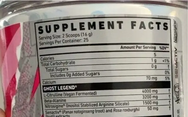 Legend Pre-Workout nutrition facts table