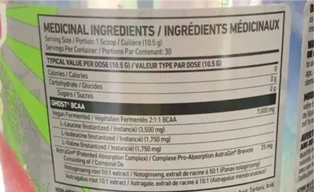 Ghost BCAA nutrition facts table