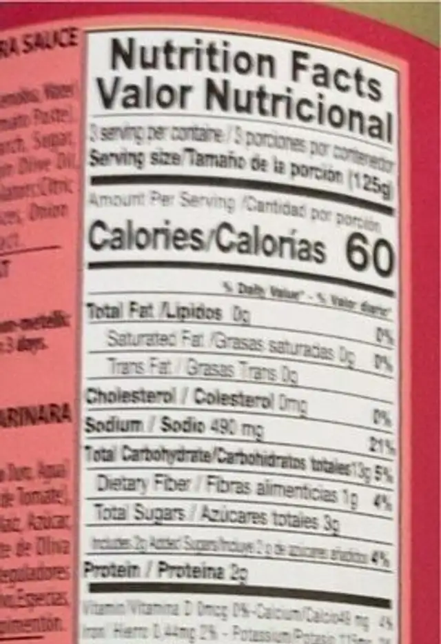 Spaghetti in marinara sauce nutrition facts table