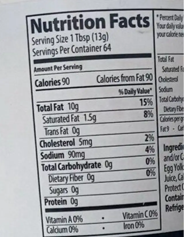 Regular mayonnaise nutrition facts table