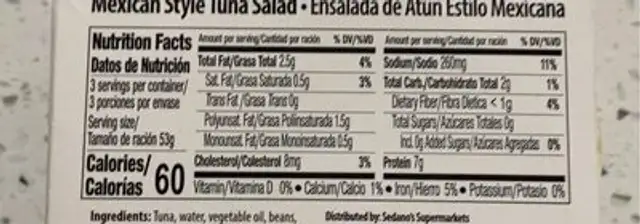 Mexican style tuna salad nutrition facts table