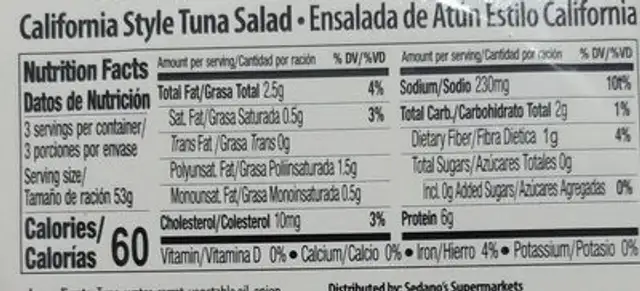 California Style Tuna Salad nutrition facts table