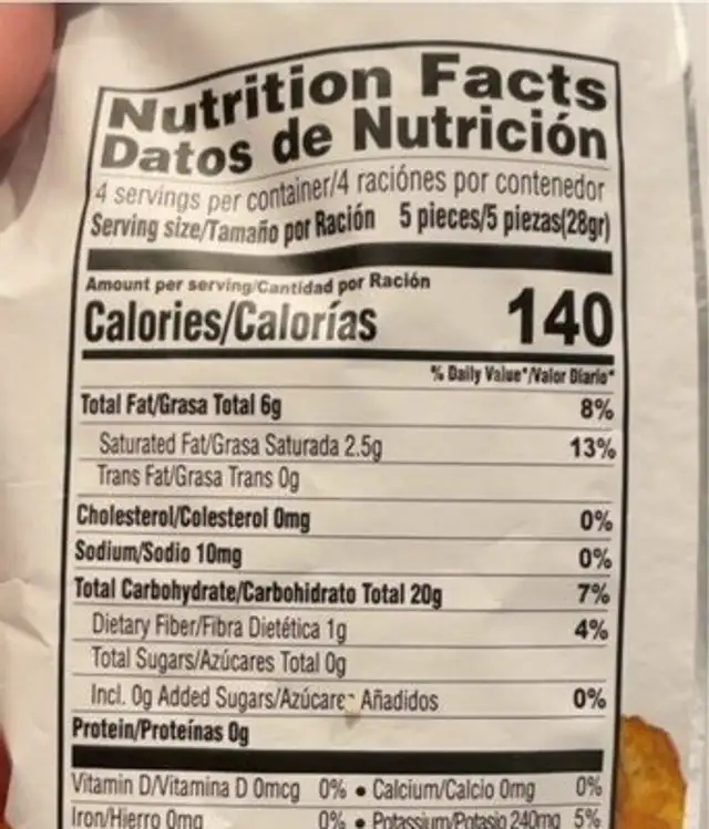 Sweet plantain tostones nutrition facts table