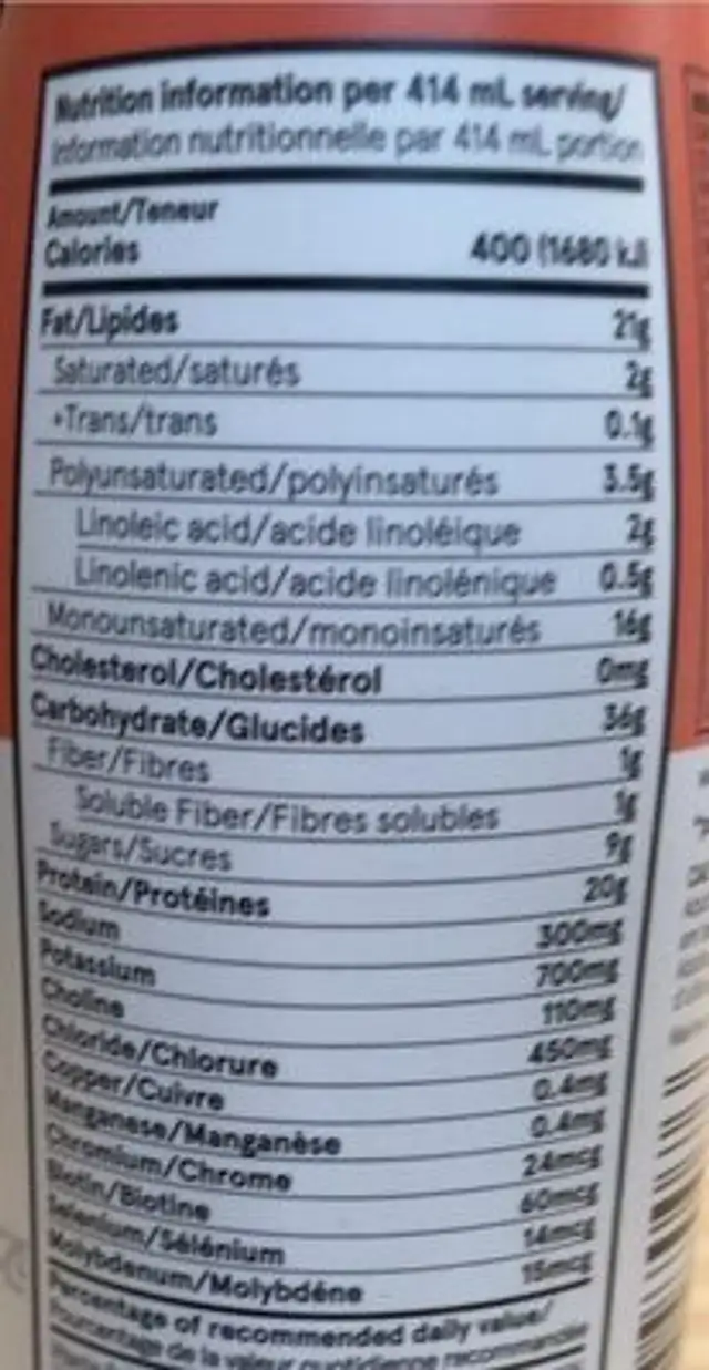 Soylent nutrition facts table