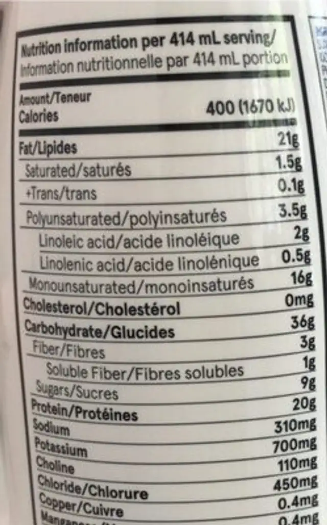 Soylent nutrition facts table
