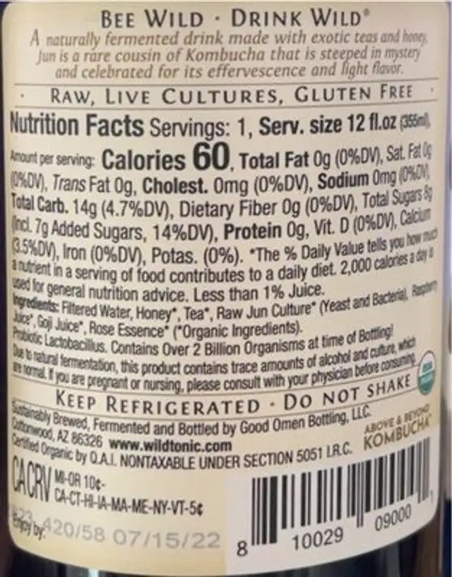 Kombucha nutrition facts table