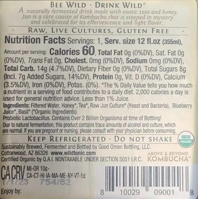Jun Kombucha nutrition facts table