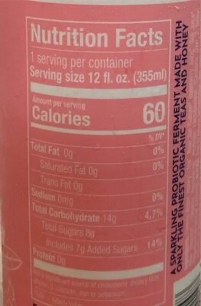 Raspberry Goji Rose Raw Jun Kombucha nutrition facts table