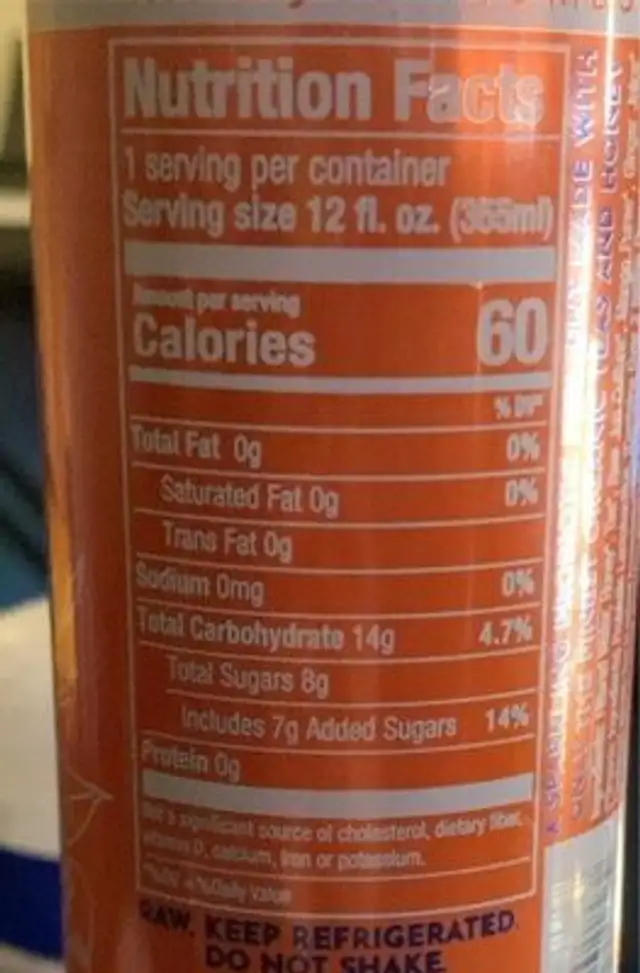 Raw Jun Kombucha nutrition facts table