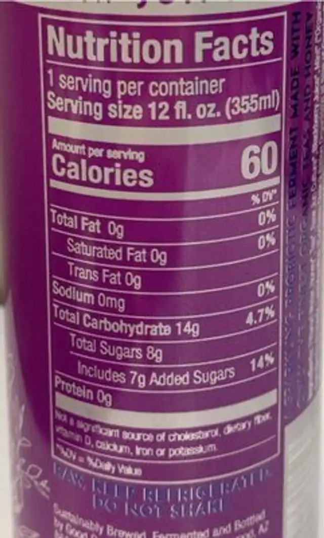 BlackBerry Mint Kombucha nutrition facts table