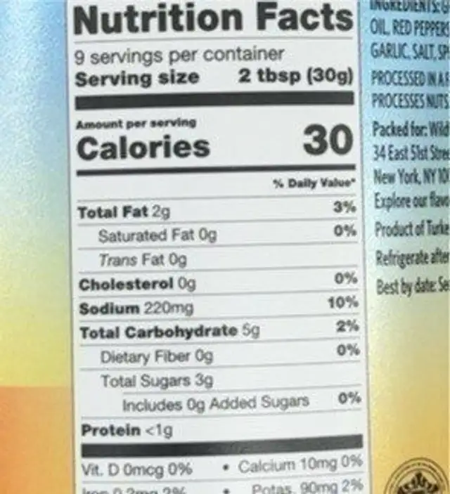 Wildfare Pepper Bruschetta nutrition facts table