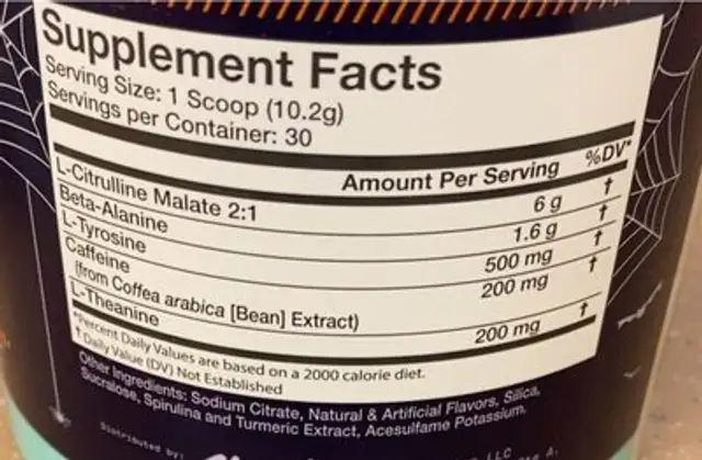 Witch’s Brew Pre-Workout nutrition facts table
