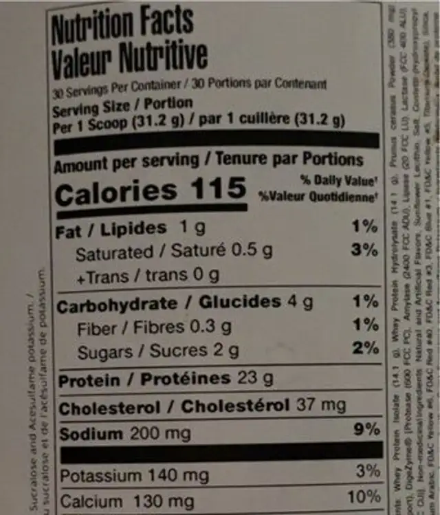 Whey Protein nutrition facts table
