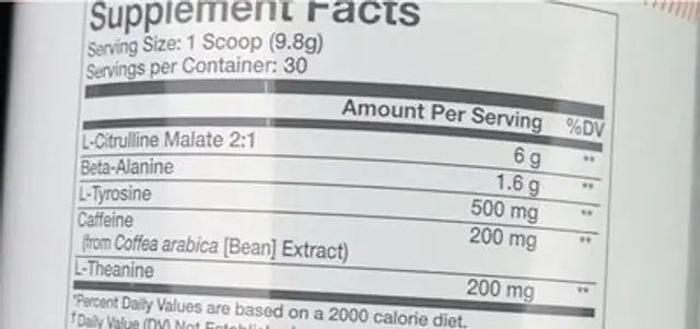 Pre-Workout nutrition facts table