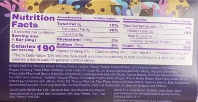 Alani Fit Snacks Protein Bar nutrition facts table