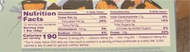 Peanut Butter Cup Fit Snacks Protein Bar nutrition facts table