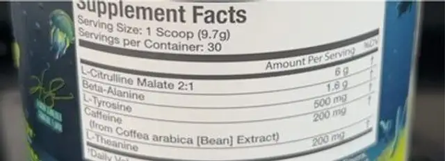 Pre- workout nutrition facts table