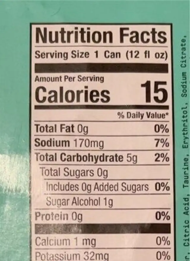 Breezeberry Energy Drink nutrition facts table