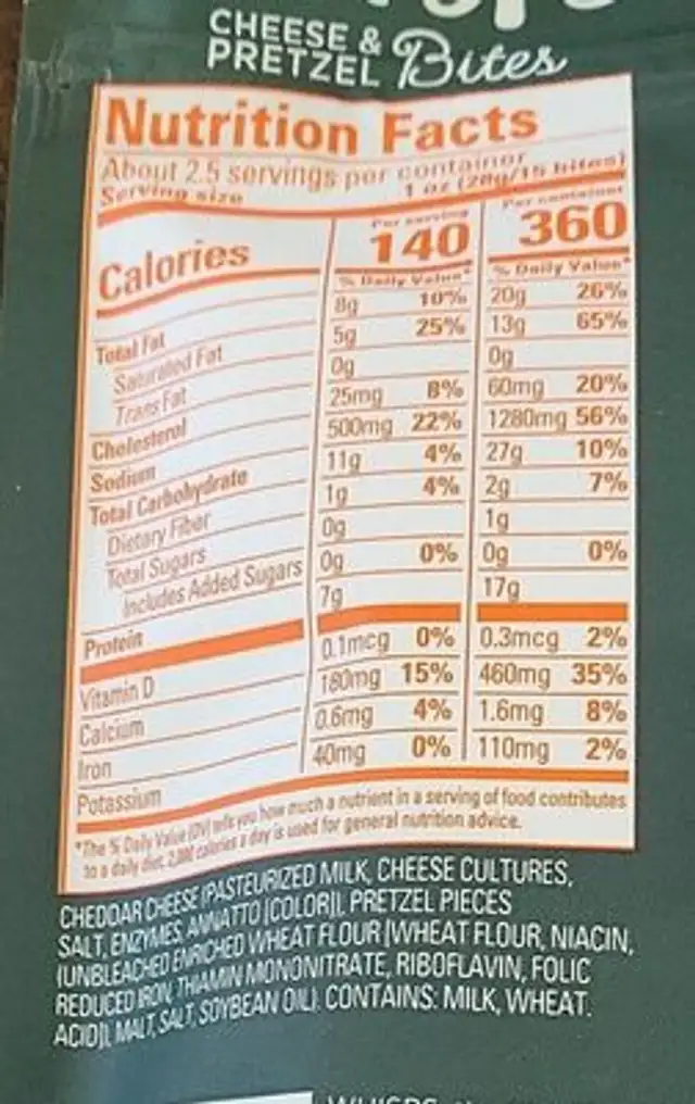 Whisps cheese and pretzel bites nutrition facts table