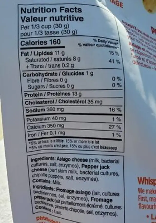 Croustilles de fromage nutrition facts table