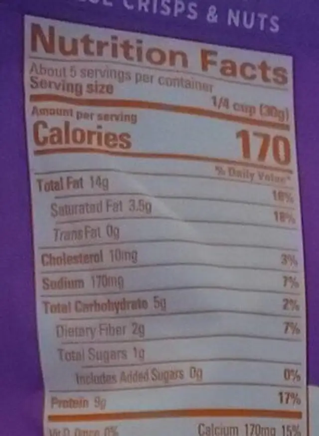 Whisper Cheese Crisps and Nuts Garlic and Herb nutrition facts table