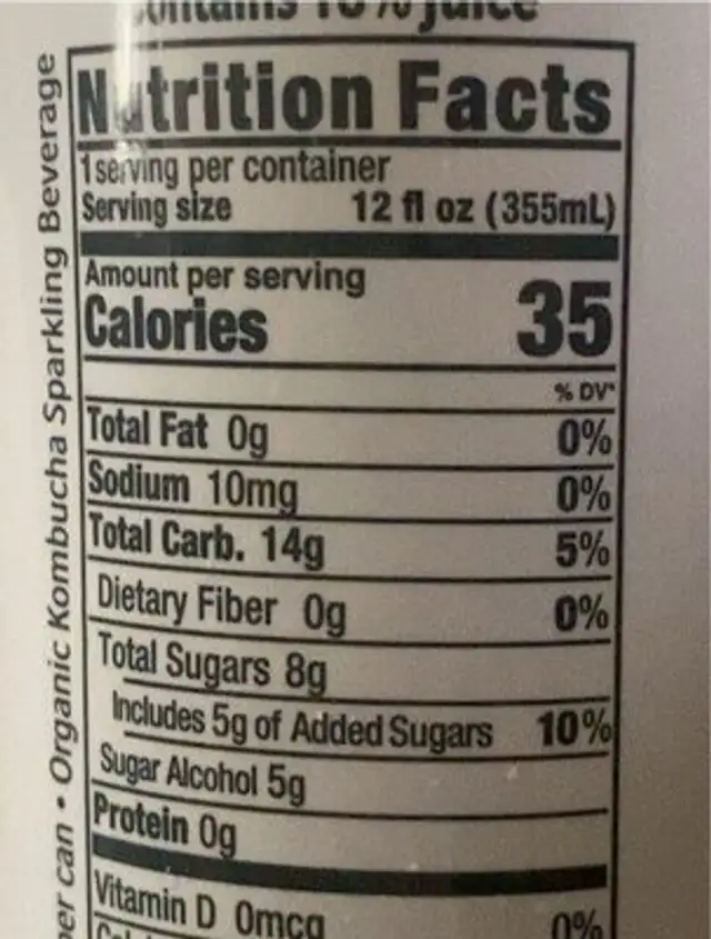 Koe kombucha nutrition facts table