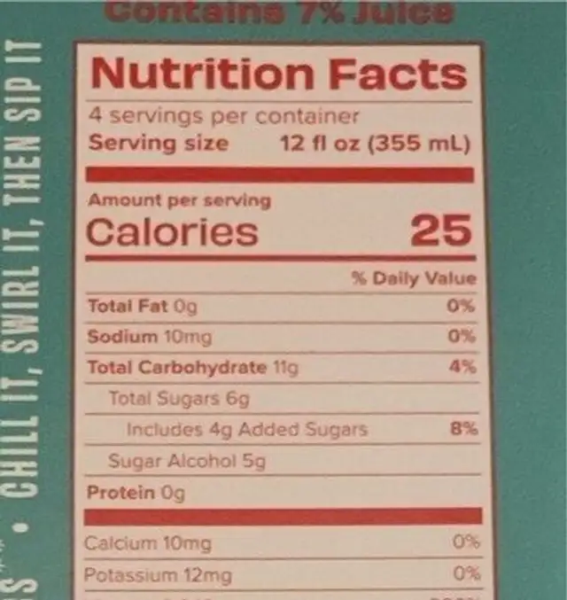 Kombucha Tropical nutrition facts table