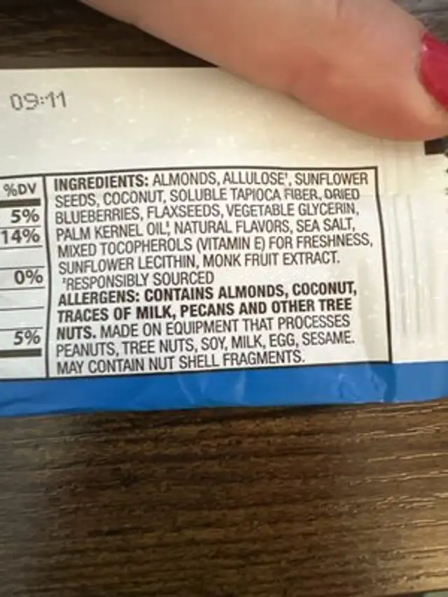 Keto granola bar blueberry almond vanilla ingredients label