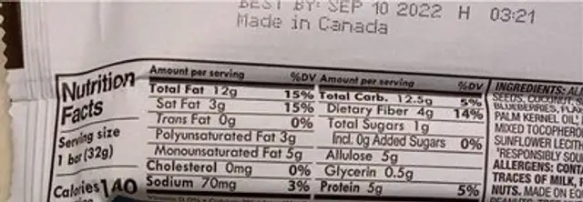 Keto granola bar blueberry almond vanilla nutrition facts table