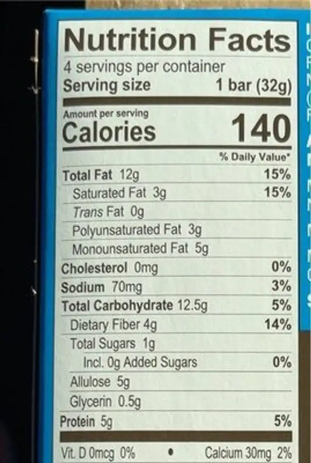 Keto Granola Bar nutrition facts table