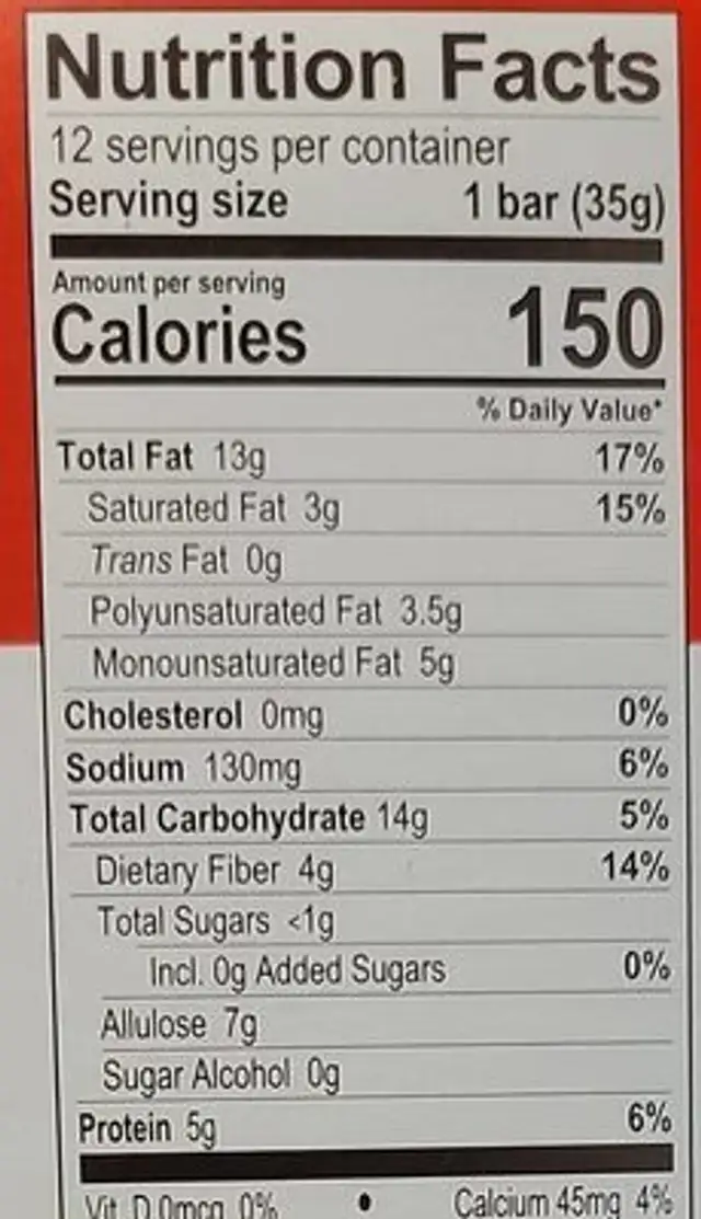 Keto Nut and Seed Bar nutrition facts table