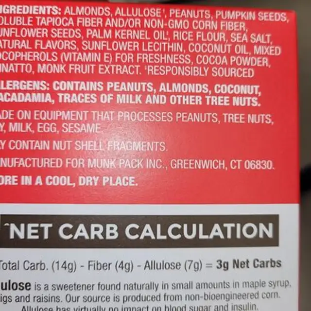 Keto nut & seed ingredients label