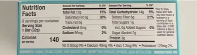 NolaBar Coconut Chocolate Chip nutrition facts table