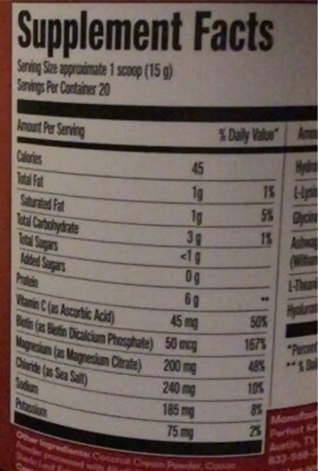 Beauty and sleep collegen nutrition facts table