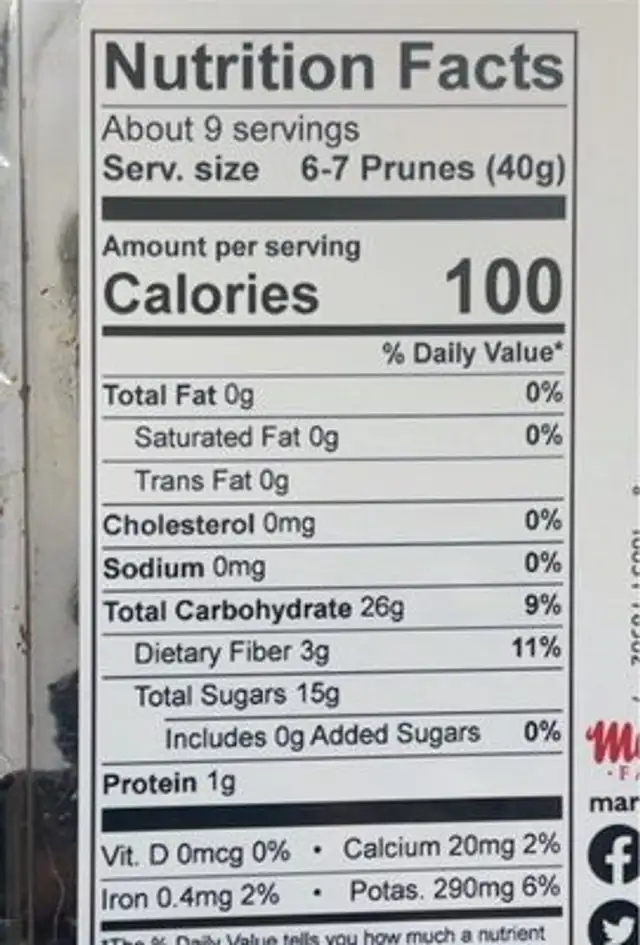 California Prunes nutrition facts table