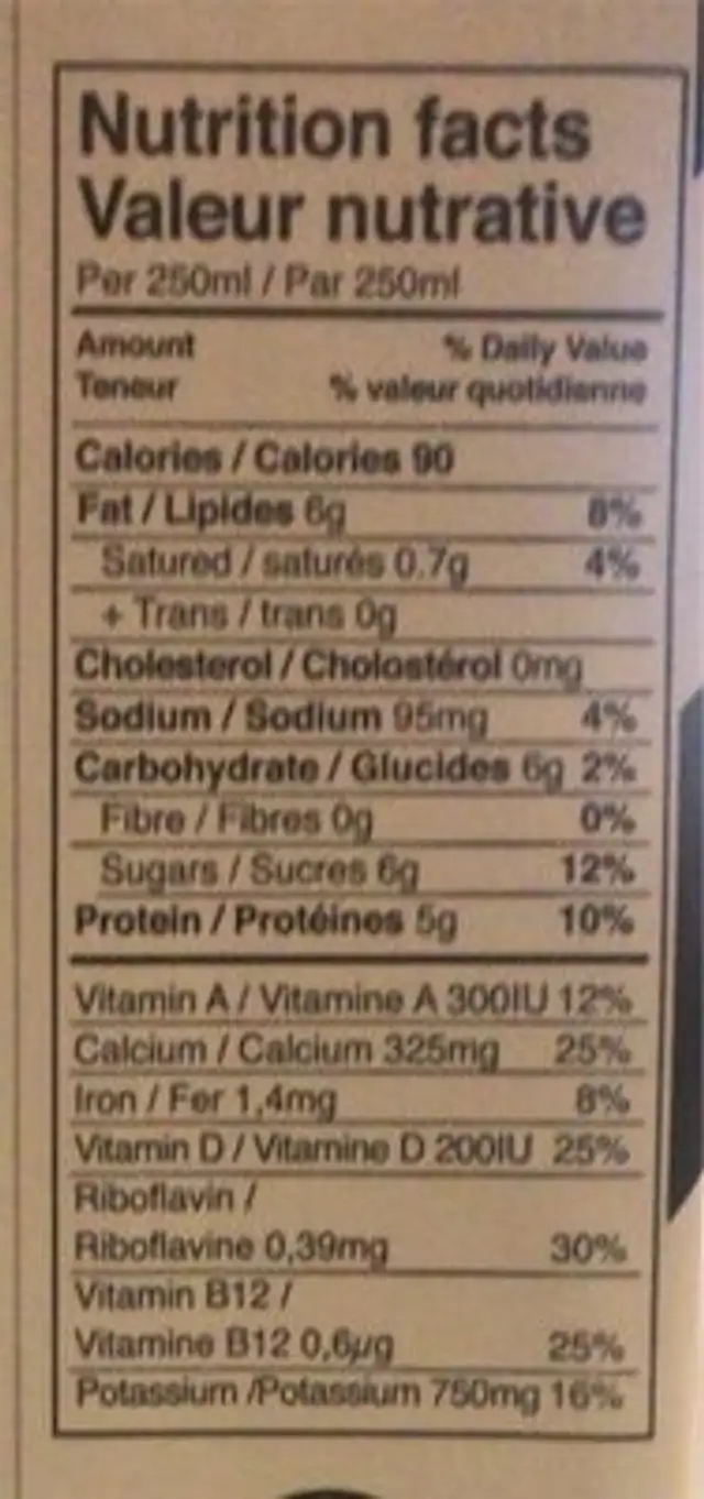 Plant-based beverage nutrition facts table