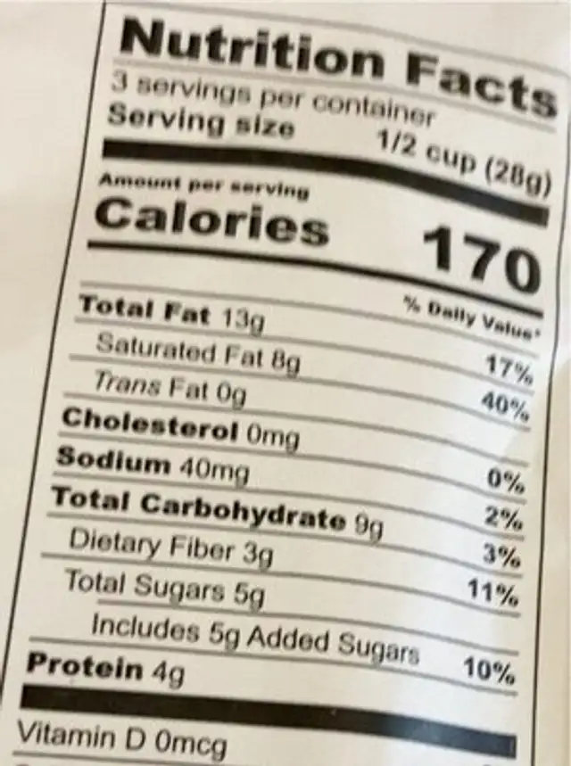 Sprouted coconut clisters nutrition facts table