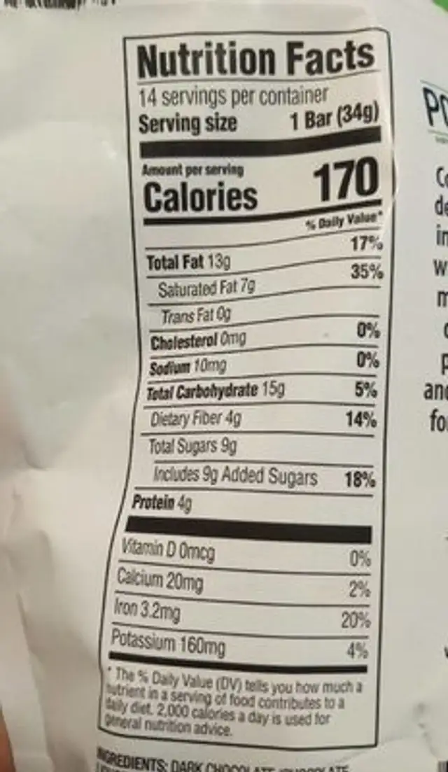 Dark chocolate power bark nutrition facts table