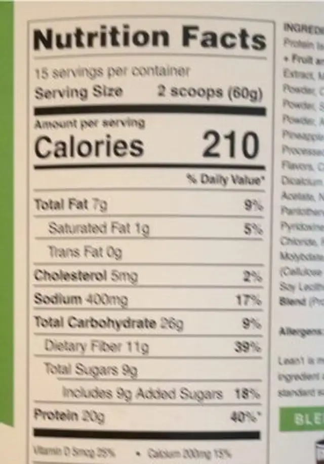 Lean1 nutrition facts table