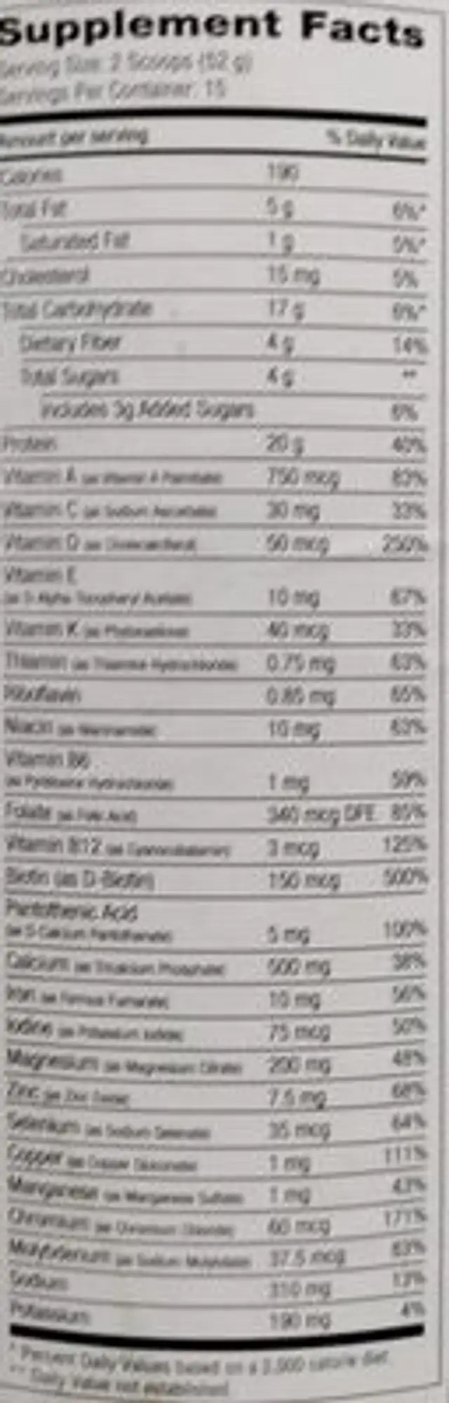 Lean1 nutrition facts table