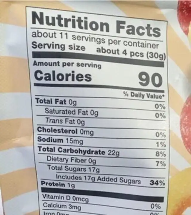Gummy Peach Rings nutrition facts table