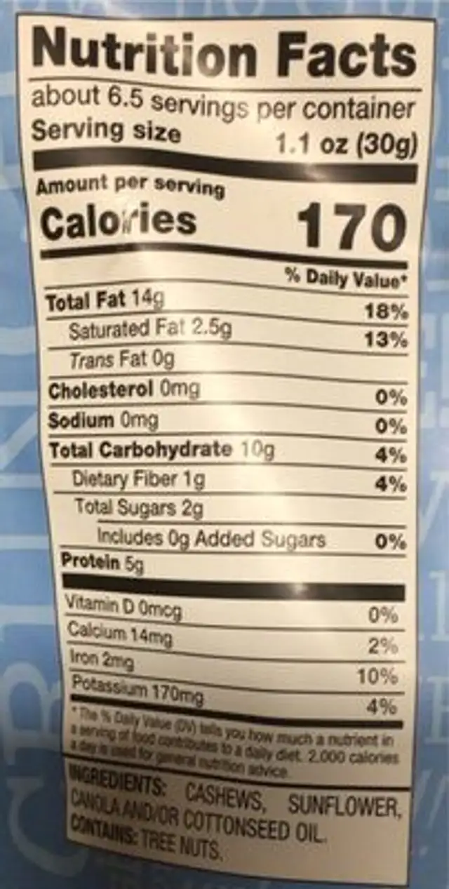 Premium gourmet roasted &unsalted cashews nutrition facts table