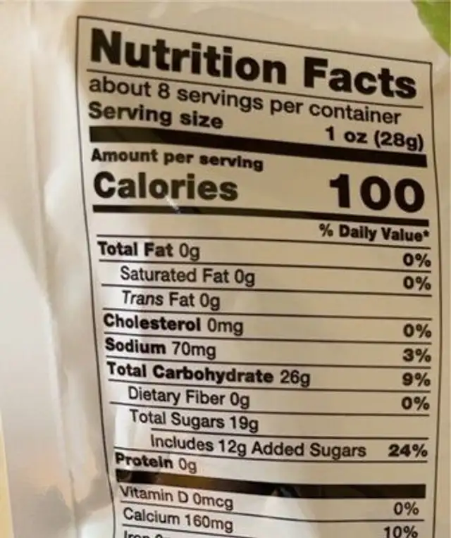 Dried Kiwi Slices nutrition facts table