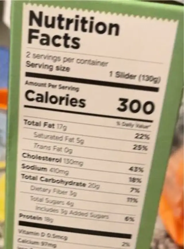 Waffle Sliders nutrition facts table