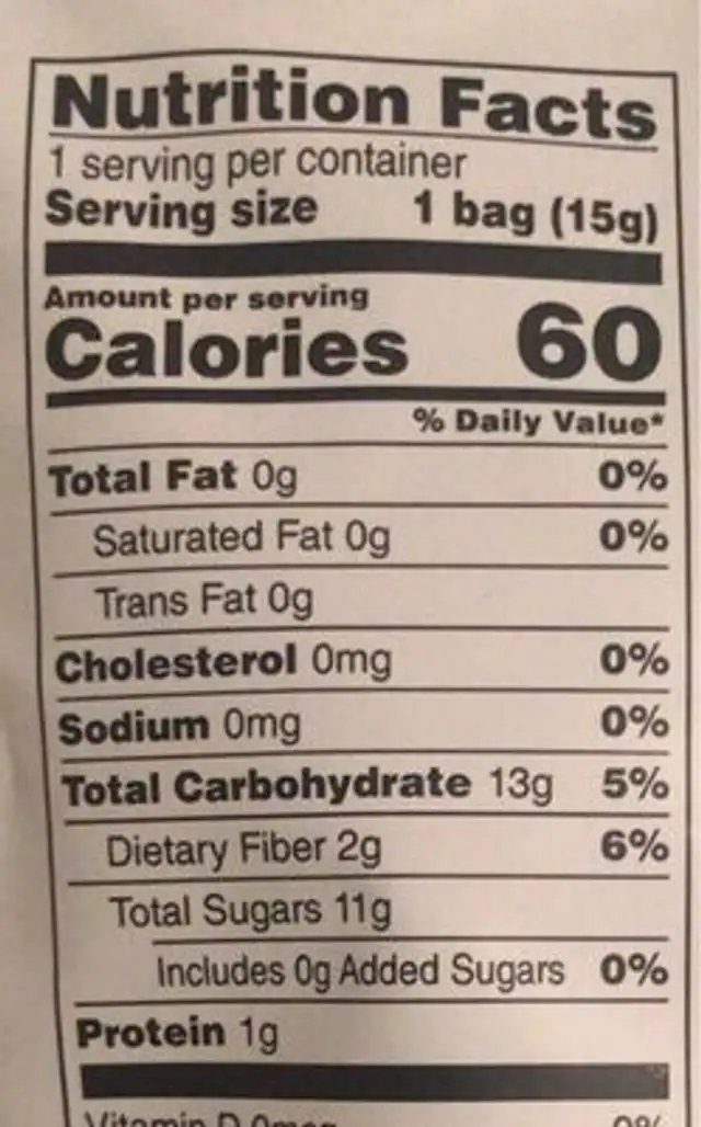 Apple Crisps nutrition facts table