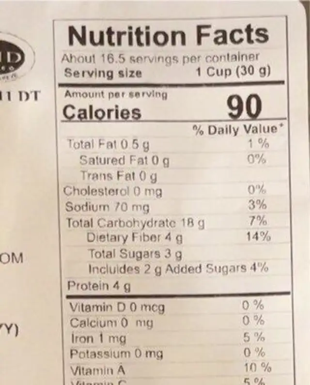 Bran flakes nutrition facts table