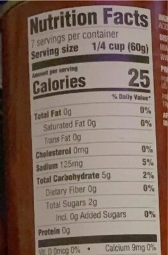 Tomato sauce nutrition facts table