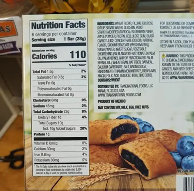 Fruit Grain cereal bars ingredients label