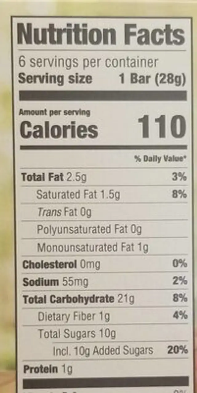 Fruit Grain cereal bars nutrition facts table