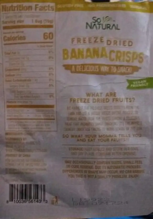So Natural freeze dried banana crisps nutrition facts table